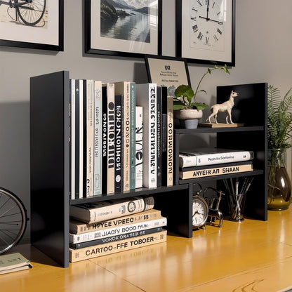 Wooden Desk Shelf, Adjustable Desktop Bookshelf, Small Black Bookcase