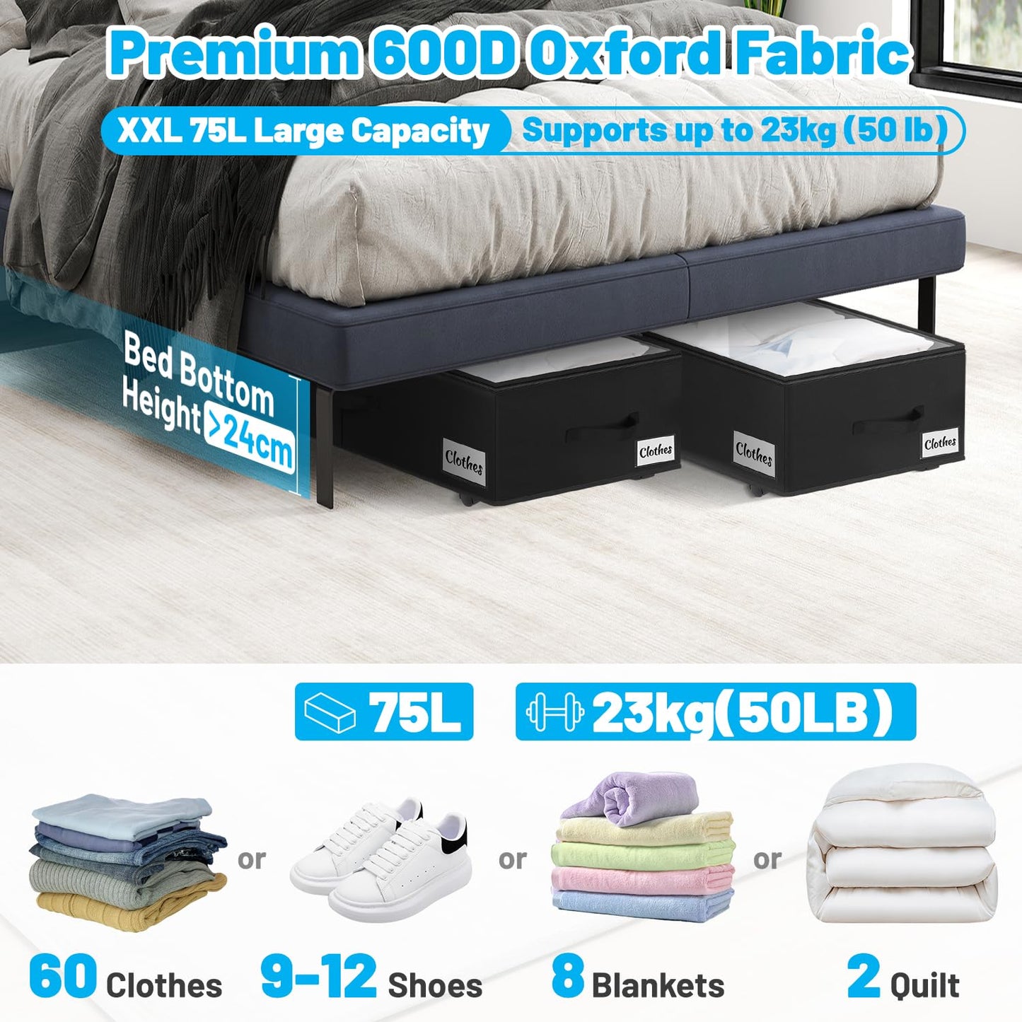 Kukikan Under Bed Storage on Wheels, 2-Pack 24 CM XXL 75L Rolling Under Bed Storage Bag with Zip
