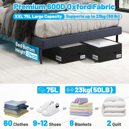 Kukikan Under Bed Storage on Wheels, 2-Pack 24 CM XXL 75L Rolling Under Bed Storage Bag with Zip