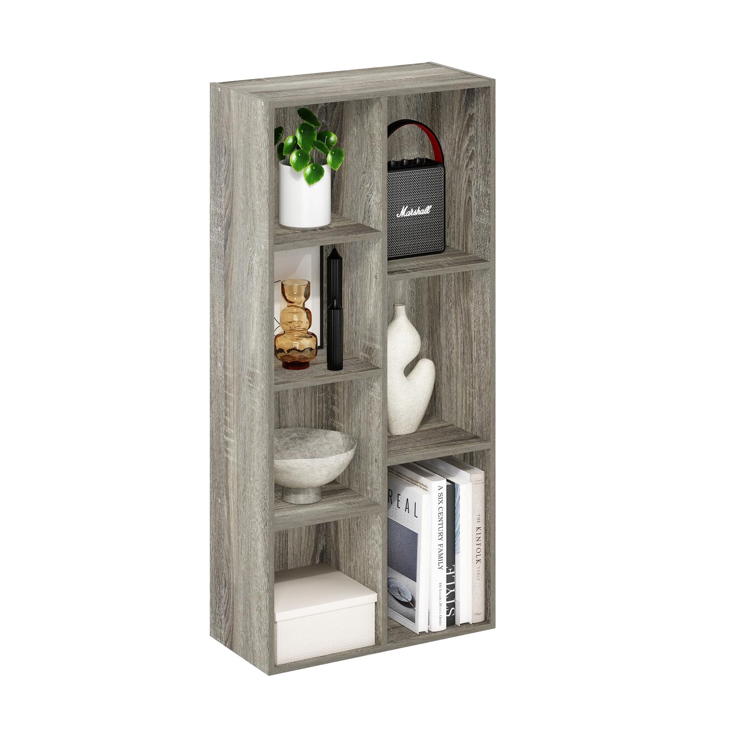 Furinno LUDER Book Shelf, 7-Cube Bookshelf, Bookcase, 9.4 x 19.5 x 41.7, for Living Room, Bedroom, Home Office, French Oak