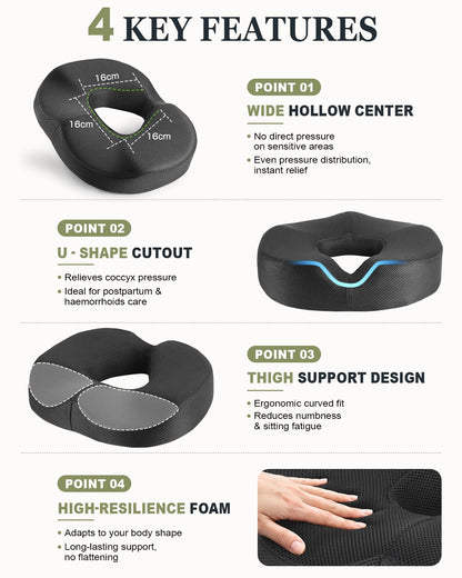 Donut Cushion for Meditation, Hemorrhoids & Postpartum Recovery, Coccyx Cushion for Tailbone Pain Relief, Memory Foam Seat Cushions for Long Sitting