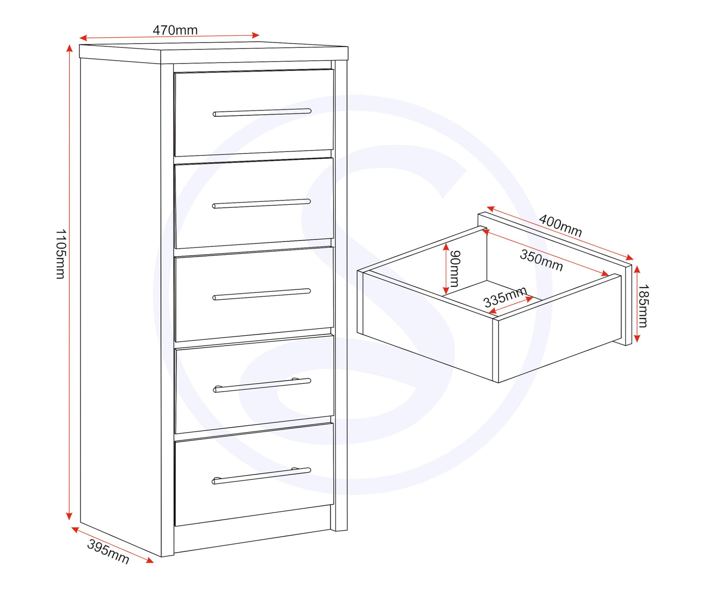 Seconique Seville 5 Drawer Narrow Chest in White Gloss/Light Oak