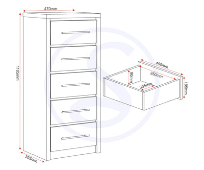 Seconique Seville 5 Drawer Narrow Chest in White Gloss/Light Oak