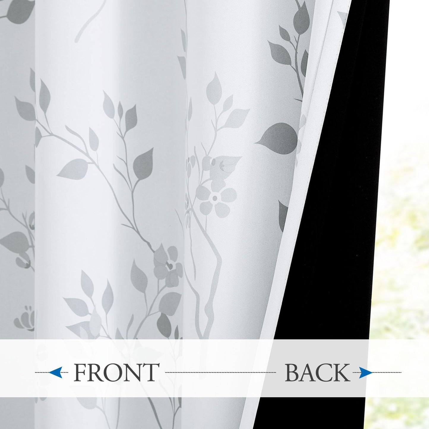 Beauoop Grey Floral Blackout Curtains for Living Room Bedroom 90 Inch Drop Leaf Print Eyelet Curtain Botanical Thermal Insulated Noise Reducing Drapes