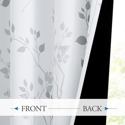 Beauoop Grey Floral Blackout Curtains for Living Room Bedroom 90 Inch Drop Leaf Print Eyelet Curtain Botanical Thermal Insulated Noise Reducing Drapes