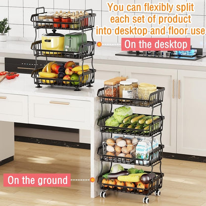 Rolling Metal Wire Basket Storage Cart with Top Handle and Wheels, Heavy Duty Stackable Organizer, Can Seperated to Use for Kitchen, Bathroom, Bedroom