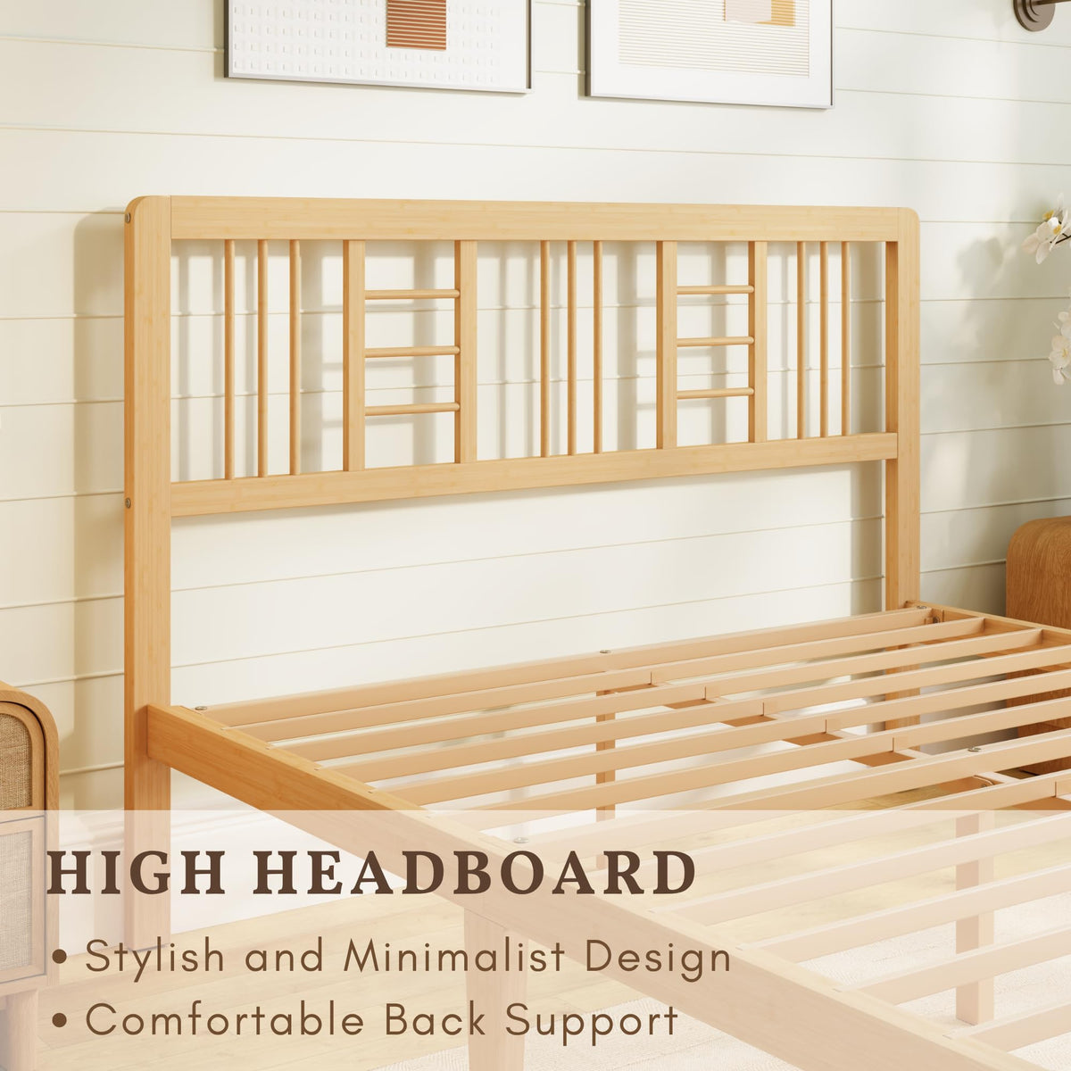Hunlostten Wooden Double Bed Frame with Headboard - Bamboo Wood Bed Frames with Metal Slats Support and Underbed Storage, Easy to Install, Noise Free