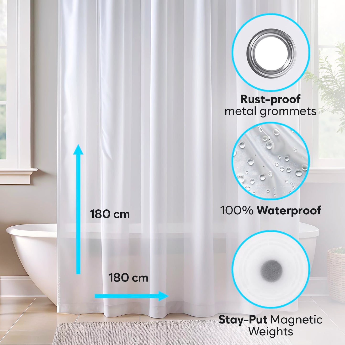 ZENO Frosted Shower Curtain Liner - 72" x 72" Size - Premium PEVA Shower Liner - Rustproof Grommets - 3 Magnets