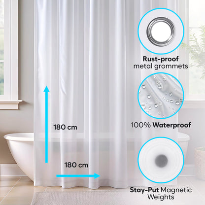ZENO Frosted Shower Curtain Liner - 180 x 180 cm Size - Premium PEVA Shower Liner + Rustproof Grommets + 3 Magnets