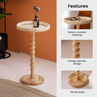 HuiDao Drink Table, Rattan Round Small Side Table for Small Spaces, Boho Circle Side Table Coffee Table with Solid Wood Leg for Living Room