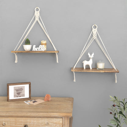 Mkono Macrame Hanging Shelves Boho Wall Decor Set of 2 Rustic Wood Floating Storage Shelf for Bedroom Bathroom Living Room Nursery Dorm Room