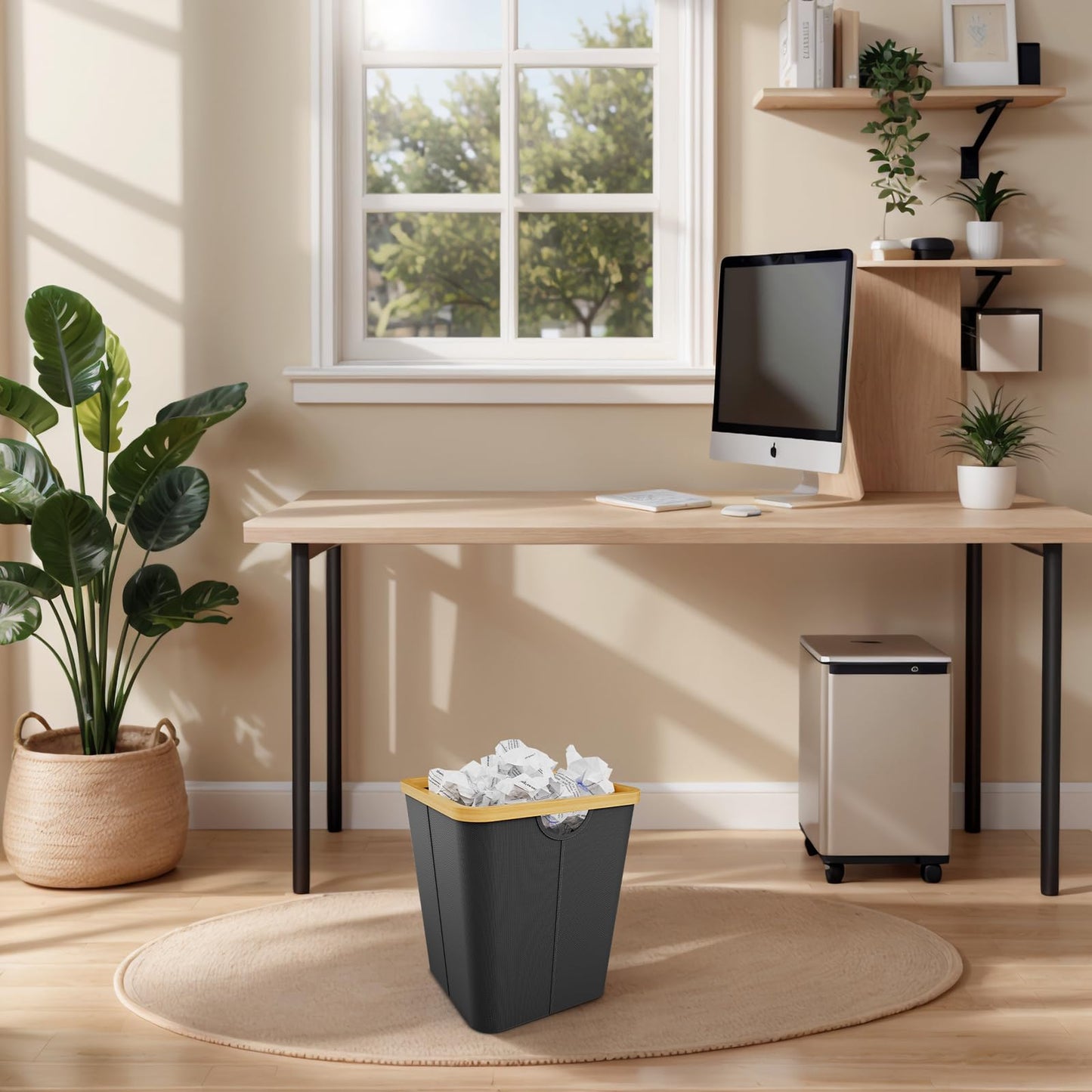 Vireon Waste Paper Bin with Bamboo Frame 30L Waste Basket with Oxford Fabric - Desk Bins for Office & Home Accessories (Black, Square, 30, Litres)