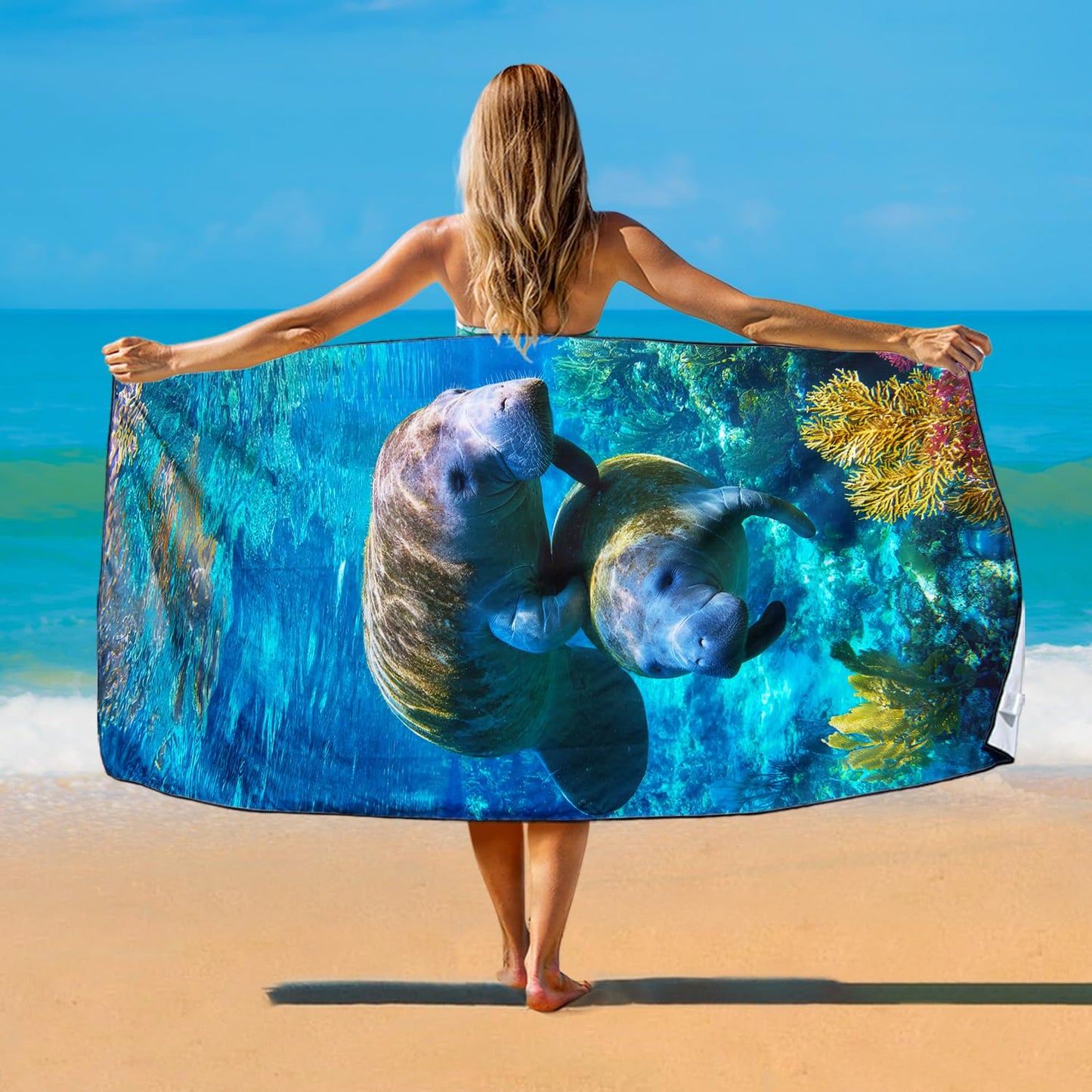 Violetpos Double Manatee Beach Towel, Extra Large 180x90 cm 250GSM Microfibre, Sand Free Quick Dry