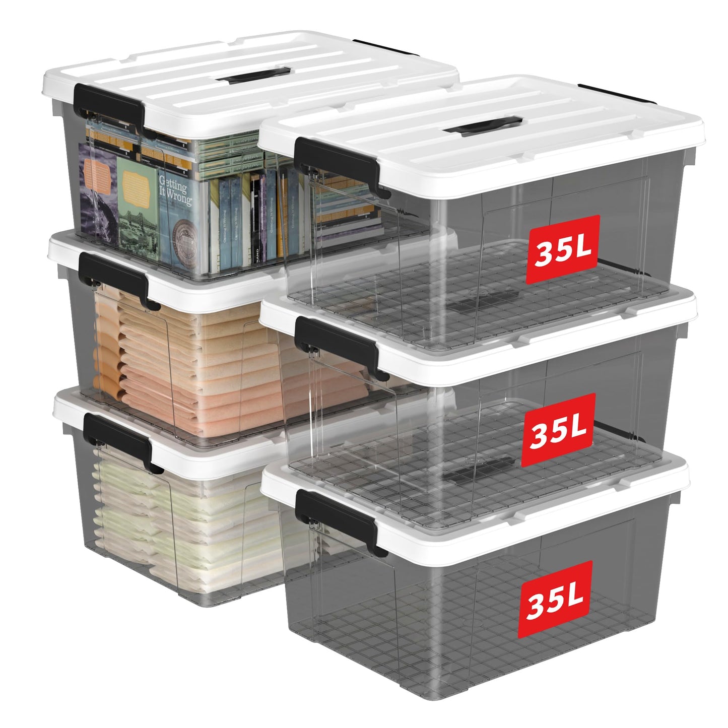 Cetomo 35L*6 Storage Boxes, Carry Plastic Storage Box with Lids, Organizing Container with Handle and Secure Latching Buckles, Stackable, Nestable