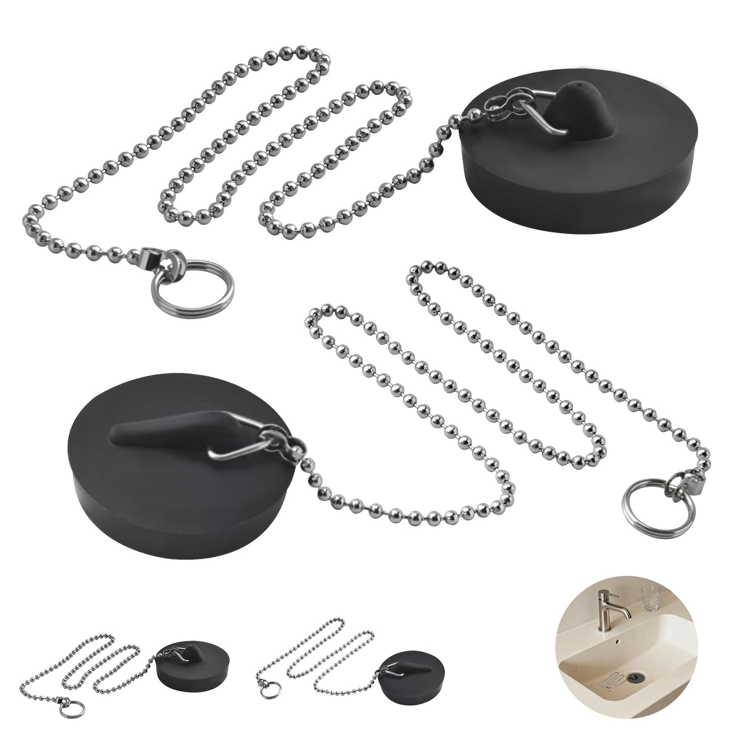 SZWLJ 4PCS(1.77in*2 & 1.85in*2) Black Sink Plug, Rubber Bath Plug and Chain