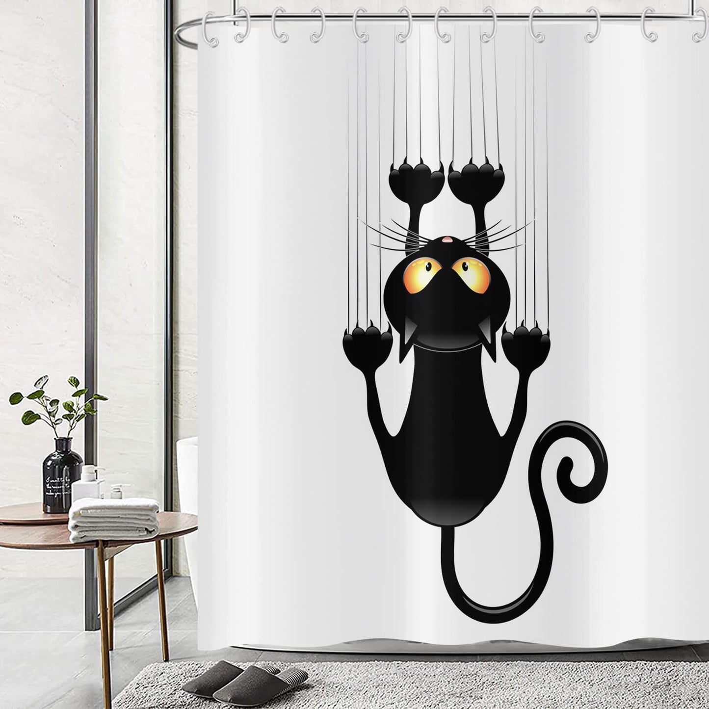 Hnmdmyi Funny Cat Shower Curtain 180x180, Black Kitten Scratching the Wall Bathroom Curtains Kids Cute Cartoon Animal Black and White Minimalism Art