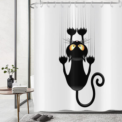 Hnmdmyi Funny Cat Shower Curtain 240x180, Black Kitten Scratching the Wall Bathroom Curtains Kids Cute Cartoon Animal Black and White Minimalism Art
