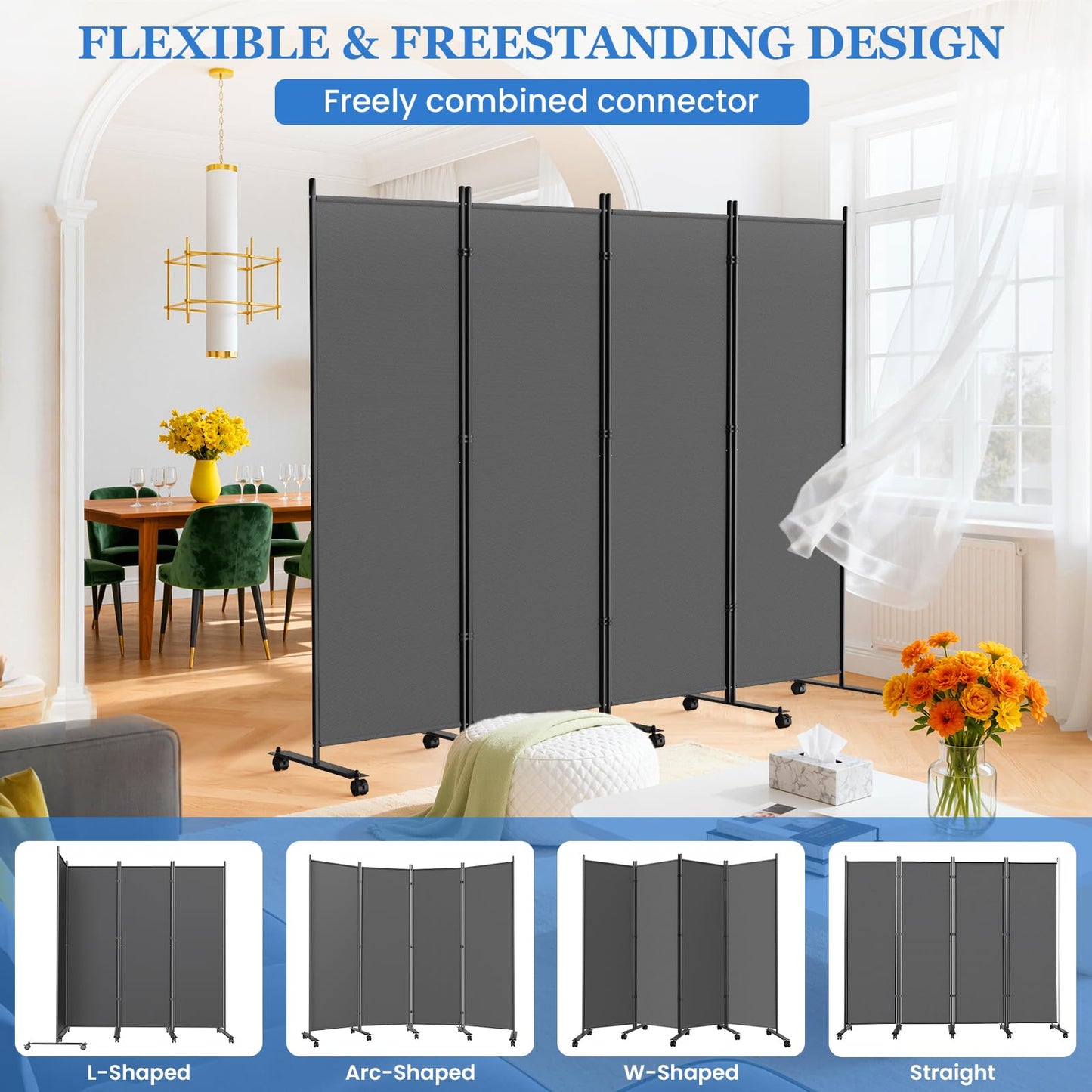 6 Panel Room Divider 183CM Folding Privacy Screens with Lockable Wheels