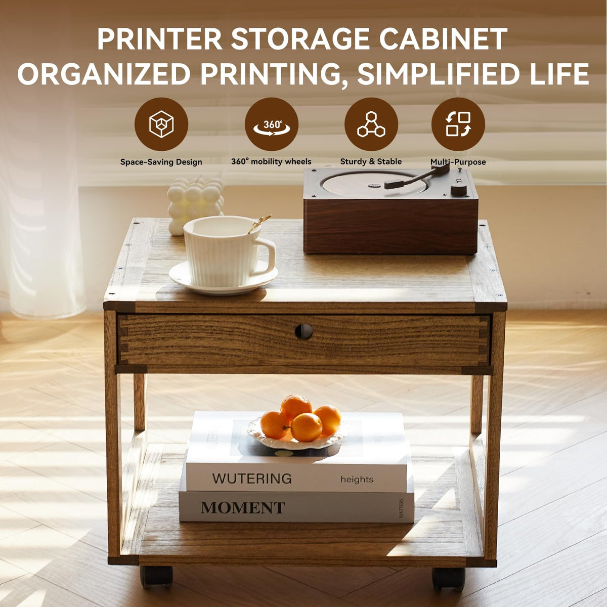 KIRIGEN Solid Wood Printer Stand with a Drawer, 2 Tier Printer Table fit Fax Scanner/3D Printer