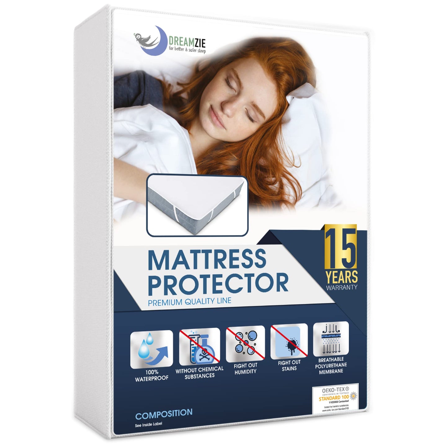 Dreamzie Mattress Protector Waterproof with 4 Elastic Corners - Made in EU - OEKO-TEX® Certified- For Mattress 80 x 200 cm