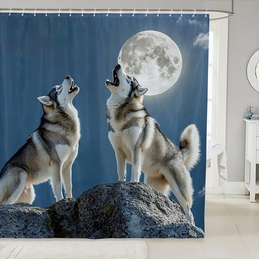 Loussiesd Wolf Bath Curtain For Kids Boys Girls 72"x84" Wolves Howling Shower Curtain Waterproof Animal Wolves Bathroom Shower Drapes Set Mountain