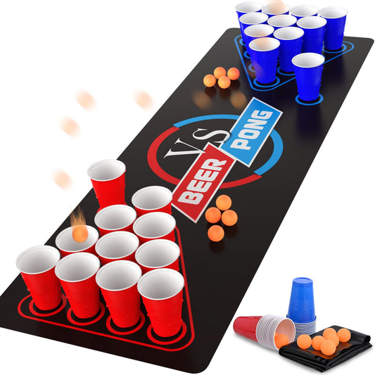 Cieex Beer Pong Set Include 1 Beer Pong Table Mat Party Plastic Cups 15 Blue & 15 Red 8 Ping Pong Balls Fun Adult Drinking Game for Party Festivals