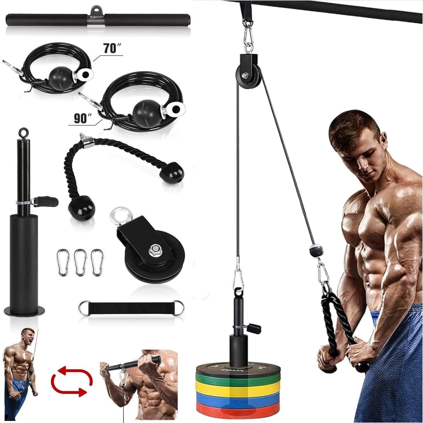 Weight Cable Pulley System Home Gym,Morwealth LAT and Lift Pulley System Gym Cable Machine attachment With Tricep Rope,lat pulldown bar,Loading Pin