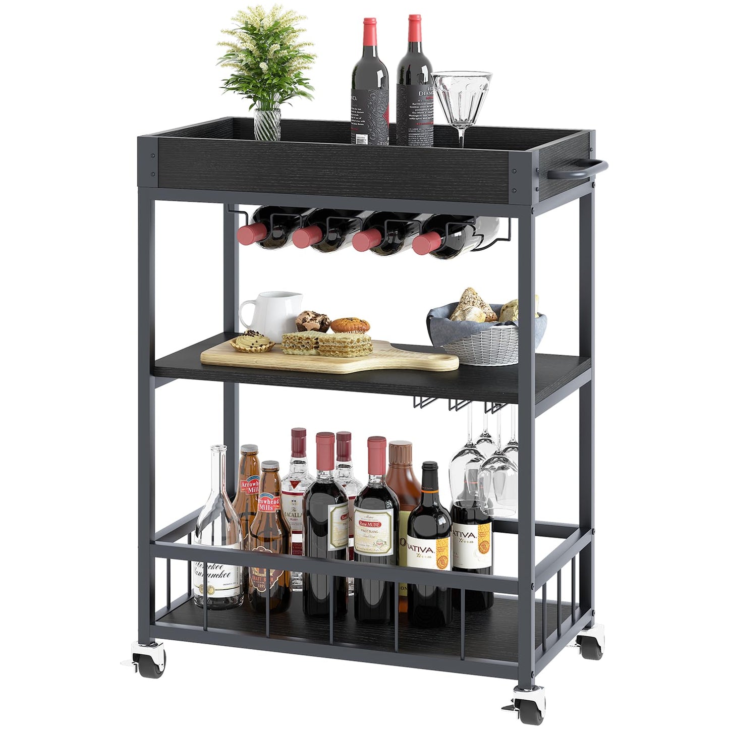 Bar Cart, 3 Tier Serving Trolley, Rolling Wine Trolley, Drinks Trolley
