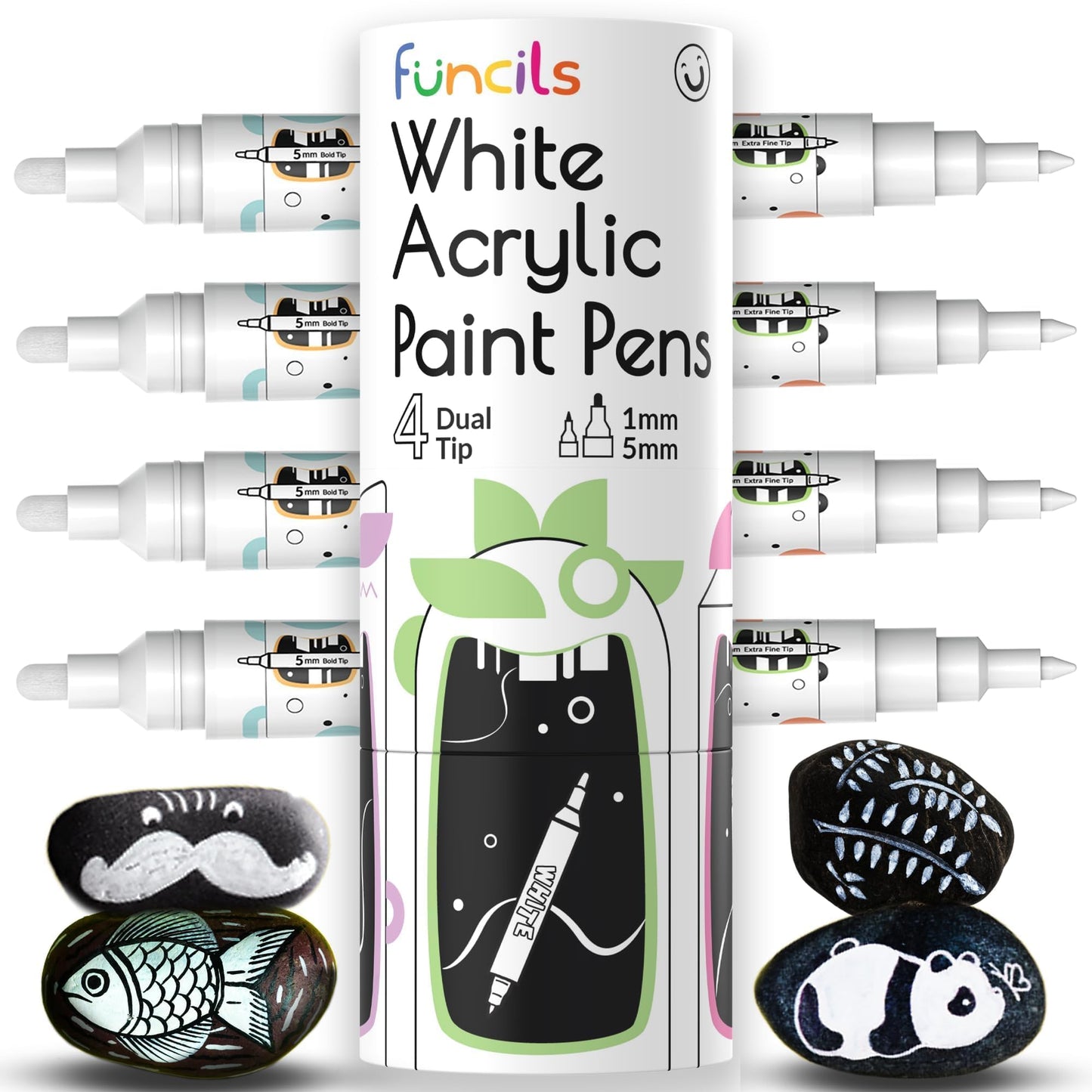 Funcils 4 Dual Tip White Acrylic Paint Pens - Extra Fine Tip & Medium - White Acrylic Paint Markers for Metal, Rocks, Canvas, Wood, Ceramic, Glass,