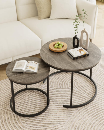 HEYZOEY Round Coffee Tables, Removable Set of 2 End Table, Nesting Tables with Black Metal Frame Legs and Wooden Grey Top for Living Room, Bedroom
