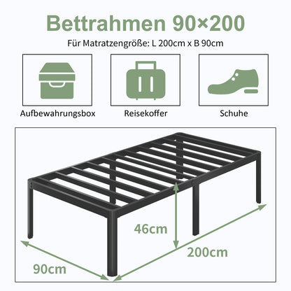 Lutown-Teen High Metal Bed 90 x 200 cm with Round Legs, 46 cm Height Bed Frame Single Bed with High Metal Slatted Frame, Black