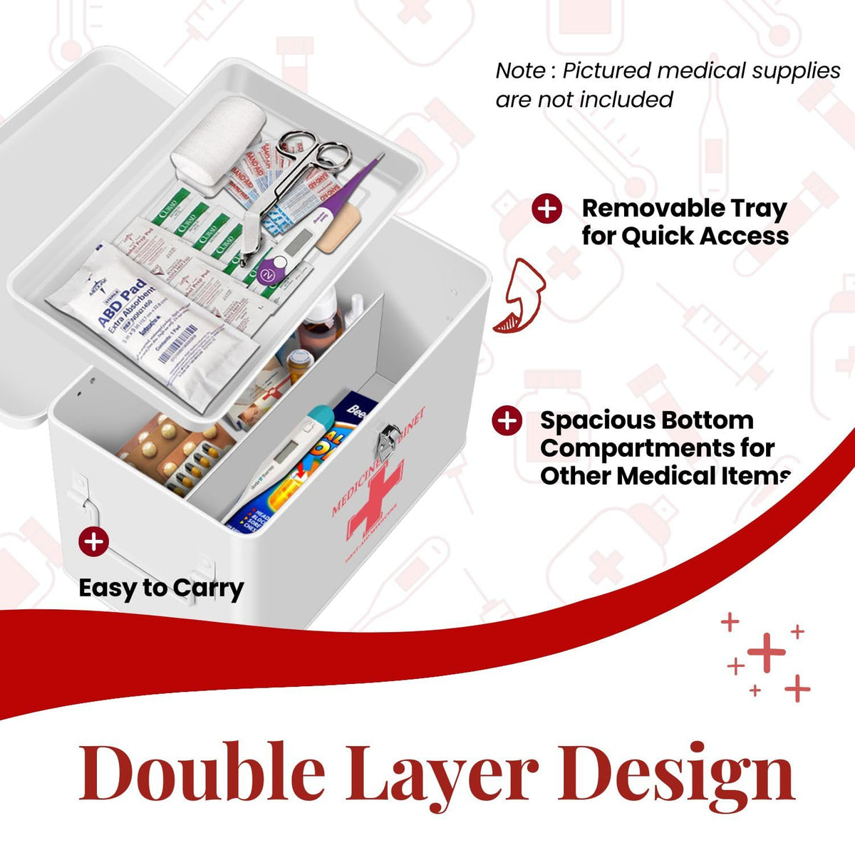 Flexzion First Aid Box Organizer Empty with Lock - 13" White Vintage First Aid Kit Tin Metal Medical Box
