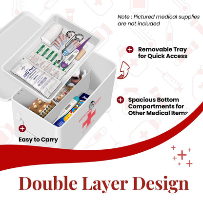 Flexzion First Aid Box Organizer Empty with Lock - 13" White Vintage First Aid Kit Tin Metal Medical Box