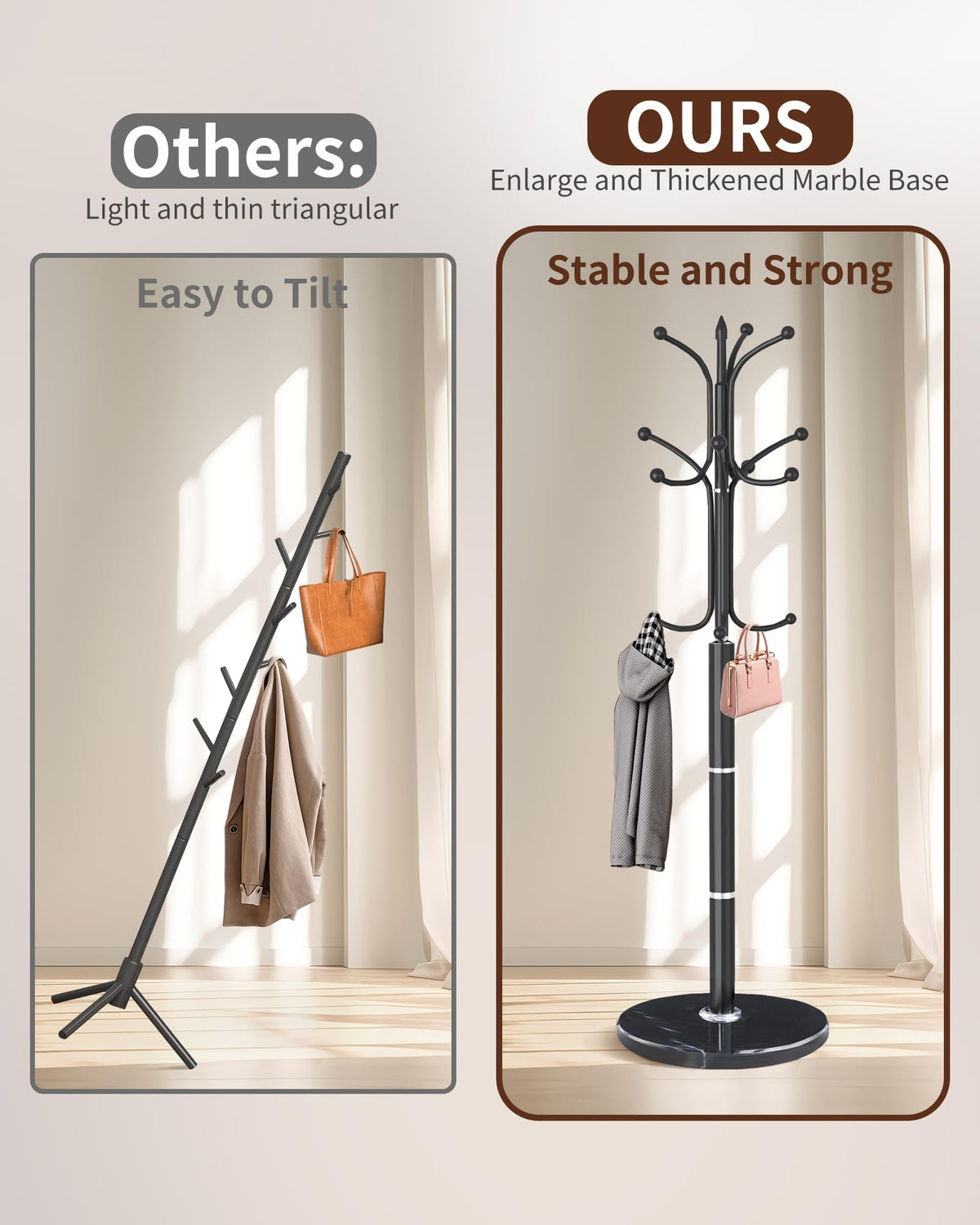Snaikor Metal Coat Rack Freestanding, Sturdy Coat Rack Stand with Natural Marble Base