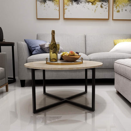 BOFENG Round Coffee Table Tea Table Round Coffee Table for Living Room with Metal Legs, Black+White oak