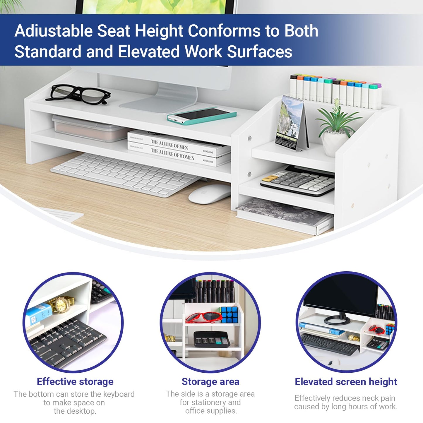Catekro Monitor Stand Riser, 2 Tiers Wood Monitor Riser Stand with Storage Organizer