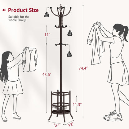 Tajsoon Coat Rack with Umbrella Stand, Coat Tree With 16 Hooks, Brown