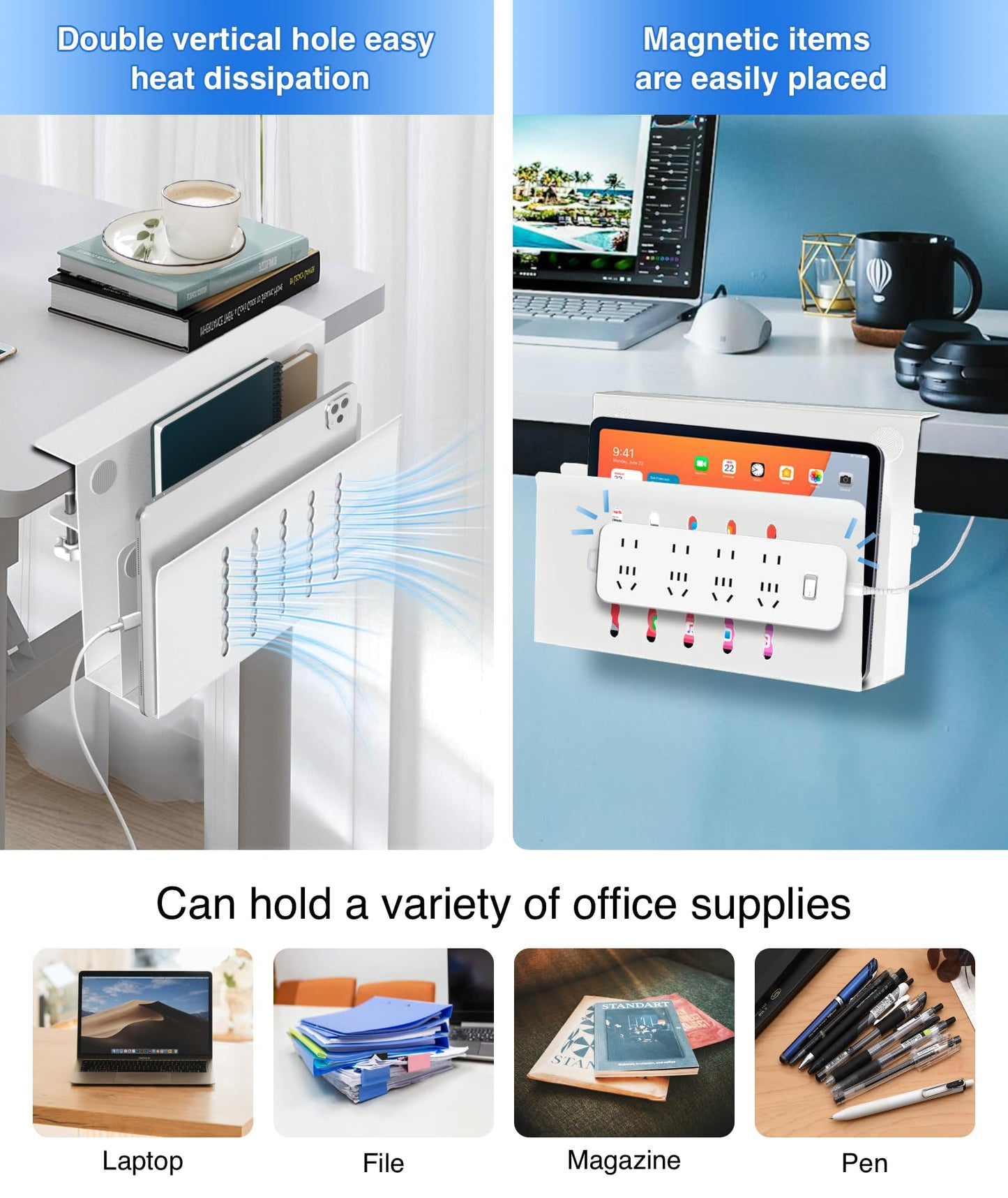 Torchesy Laptop Stand Vertical Under Desk Storage Mount With Side Storage for All Laptops and Tablets (White, Double Layer With Pen Holder)