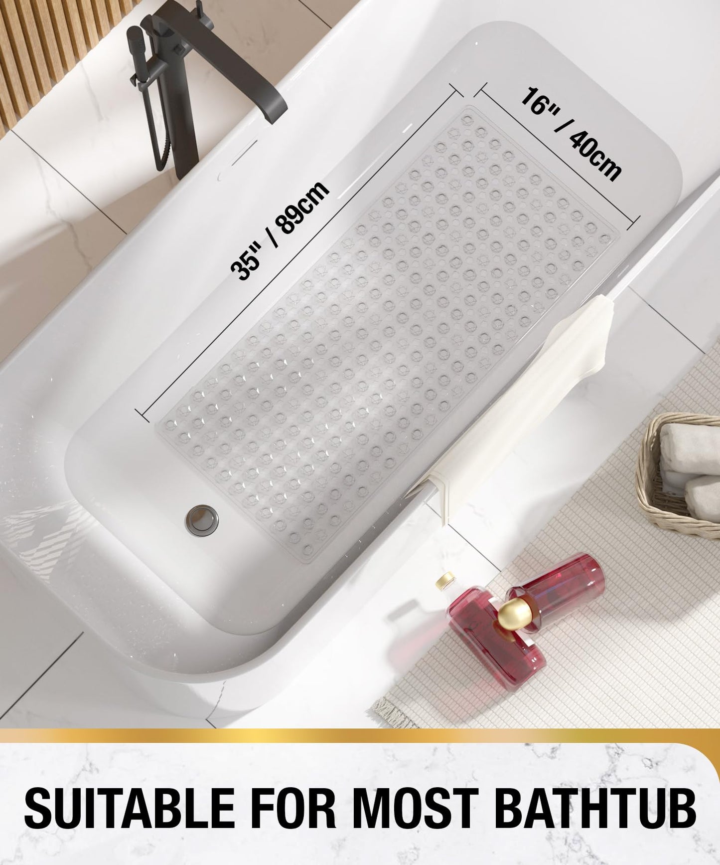 HITSLAM Bath Mat Non Slip Anti Mould, 89 x 40 cm Long Non Slip Shower Mat for Inside Shower