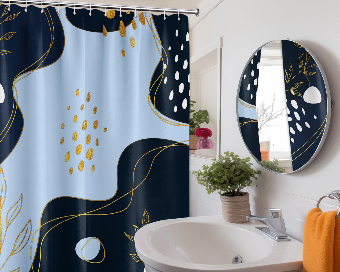 LanZanthic Navy Blue and Gold Shower Curtains for Bathroom Dark Blue Modern Boho Wet Room Shower Curtain with hooks, Mould Proof Resistant