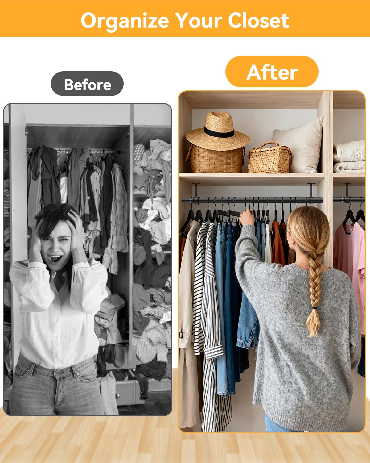 Supforce Wardrobe Rail, 43-99cm Ceiling and Wall Mounted Stepless Adjustable Wardrobe Hanging Rail, 3.3cm Heavy Duty Metal Wardrobe Pole for Wardrobe