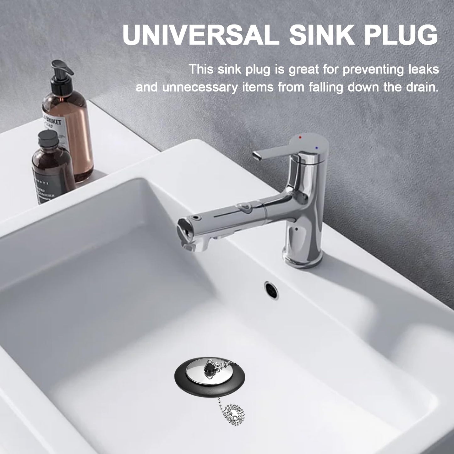 2 Pcs Universal bath plug with Stainless Steel Chain,bath plug and chain,bath plug replacement,43 mm to 45 mm Drain Stoppers Black Rubber for