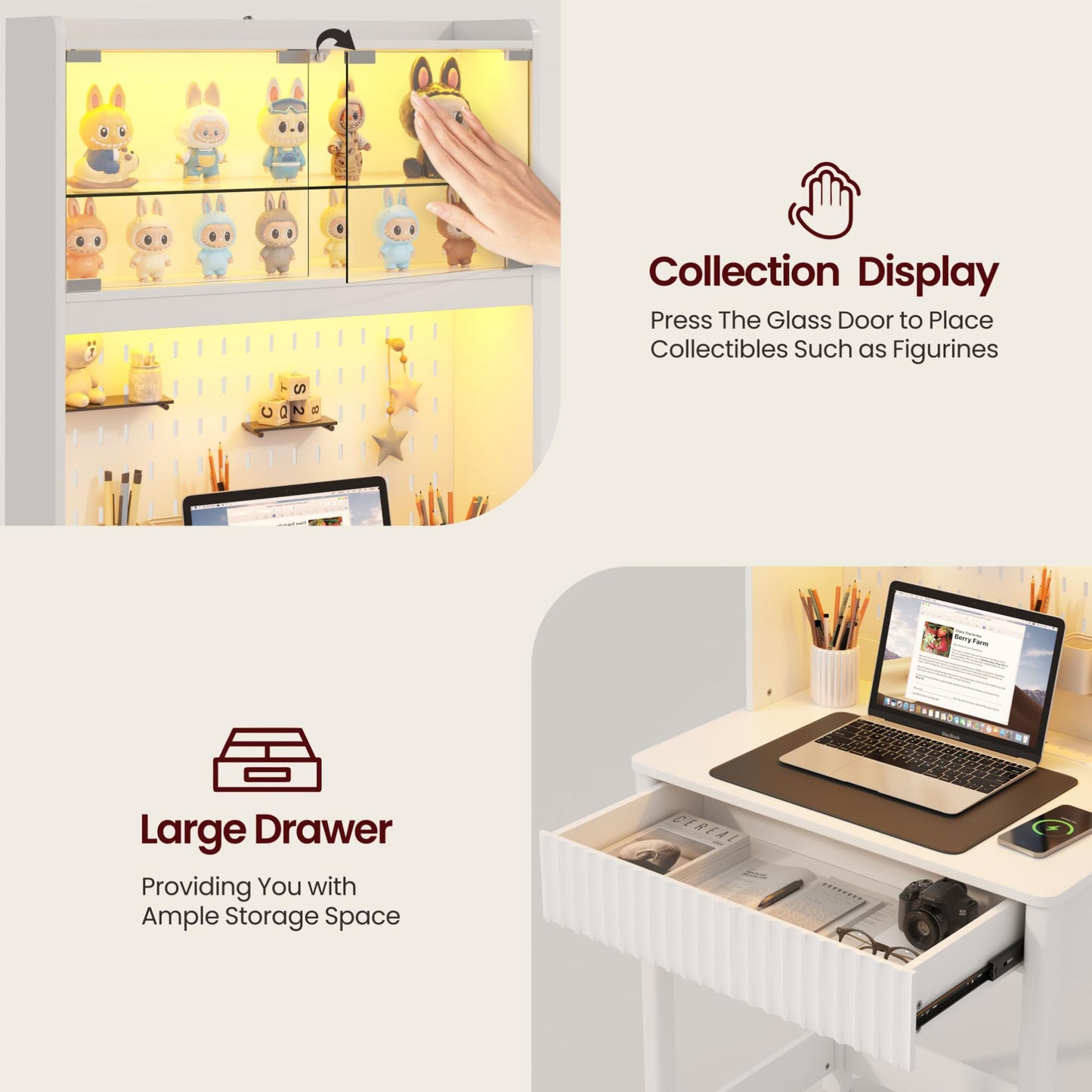 Small Computer Desk with Socket and Sliding Lamp for Home Office,White