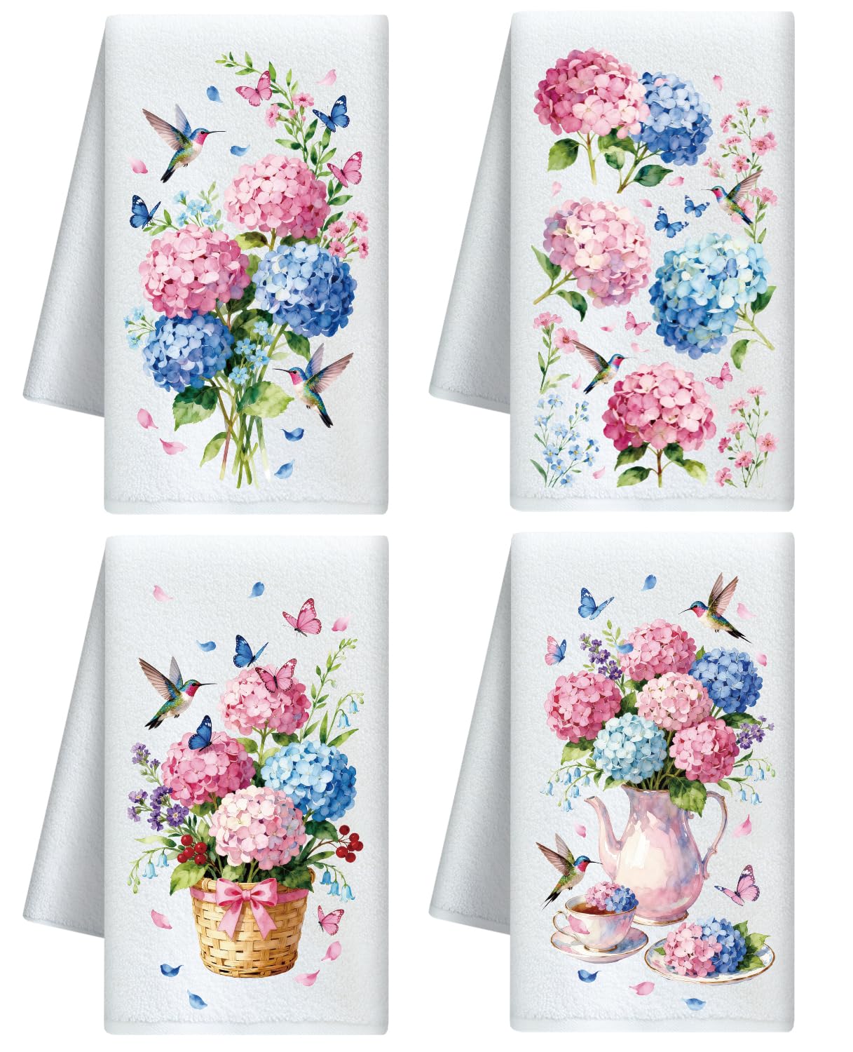 CUTHOLLOW Hydrangea and Hummingbirds Decorative Kitchen Towels Set of 4, 60x40cm Soft Absorbent Microfiber Dish Towel for Tea Coffee Bar Home, Gift