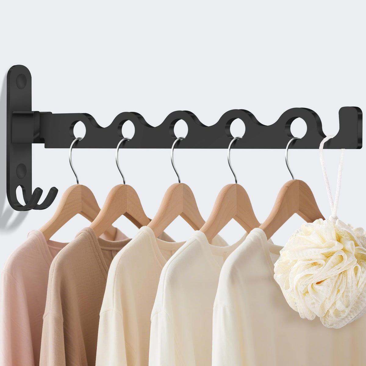 MEIJO Wall-Mounted Clothes Rack Black, Foldable Wall Mounted Clothes Rail, 90° Rotation Heavy Duty Wall Clothing Drying Rack Wall Coat Rack for