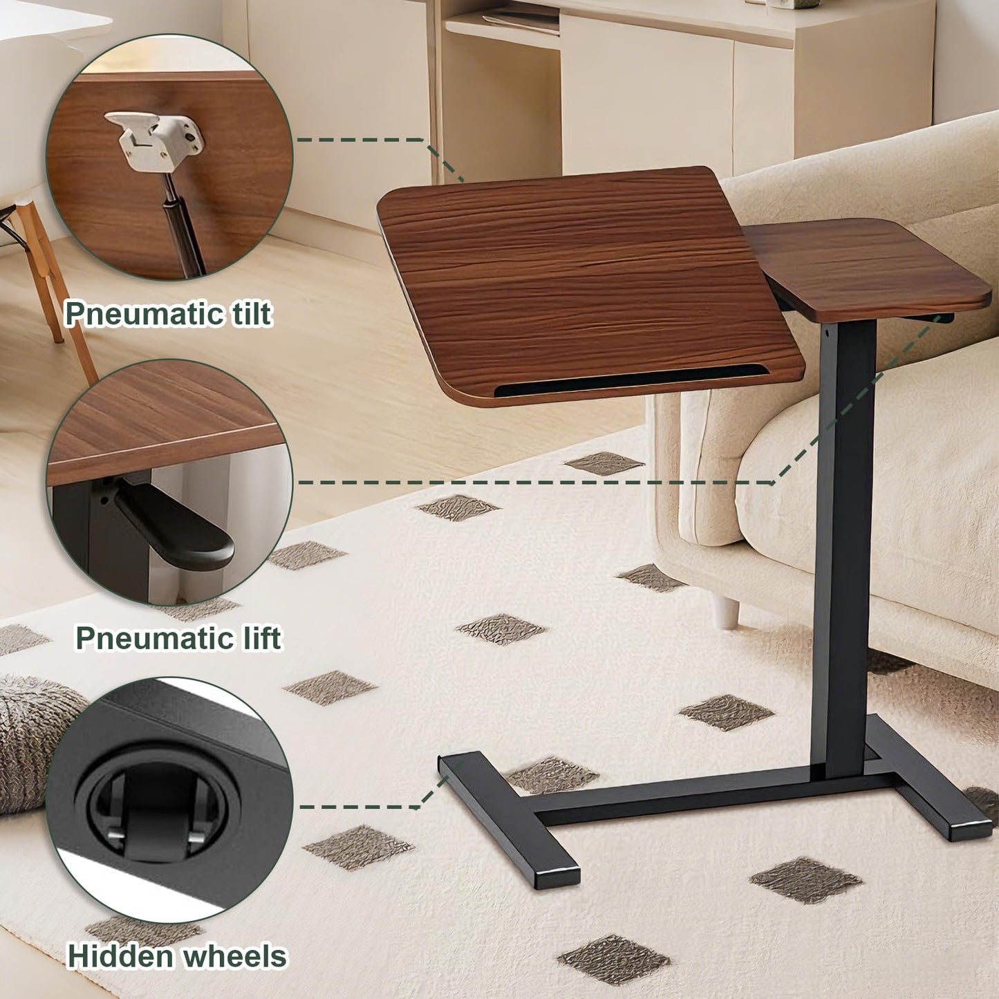 YunMeoCool C Shaped Side Table Adjustable Height with Hidden Wheels, Dual Pneumatic Lift & Tilt Top, (60x40cm) Mobile Overbed Table That Slide Under
