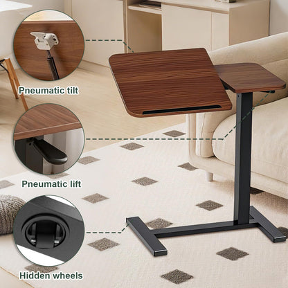 YunMeoCool C Shaped Side Table Adjustable Height with Hidden Wheels, Dual Pneumatic Lift & Tilt Top, (60x40cm) Mobile Overbed Table That Slide Under