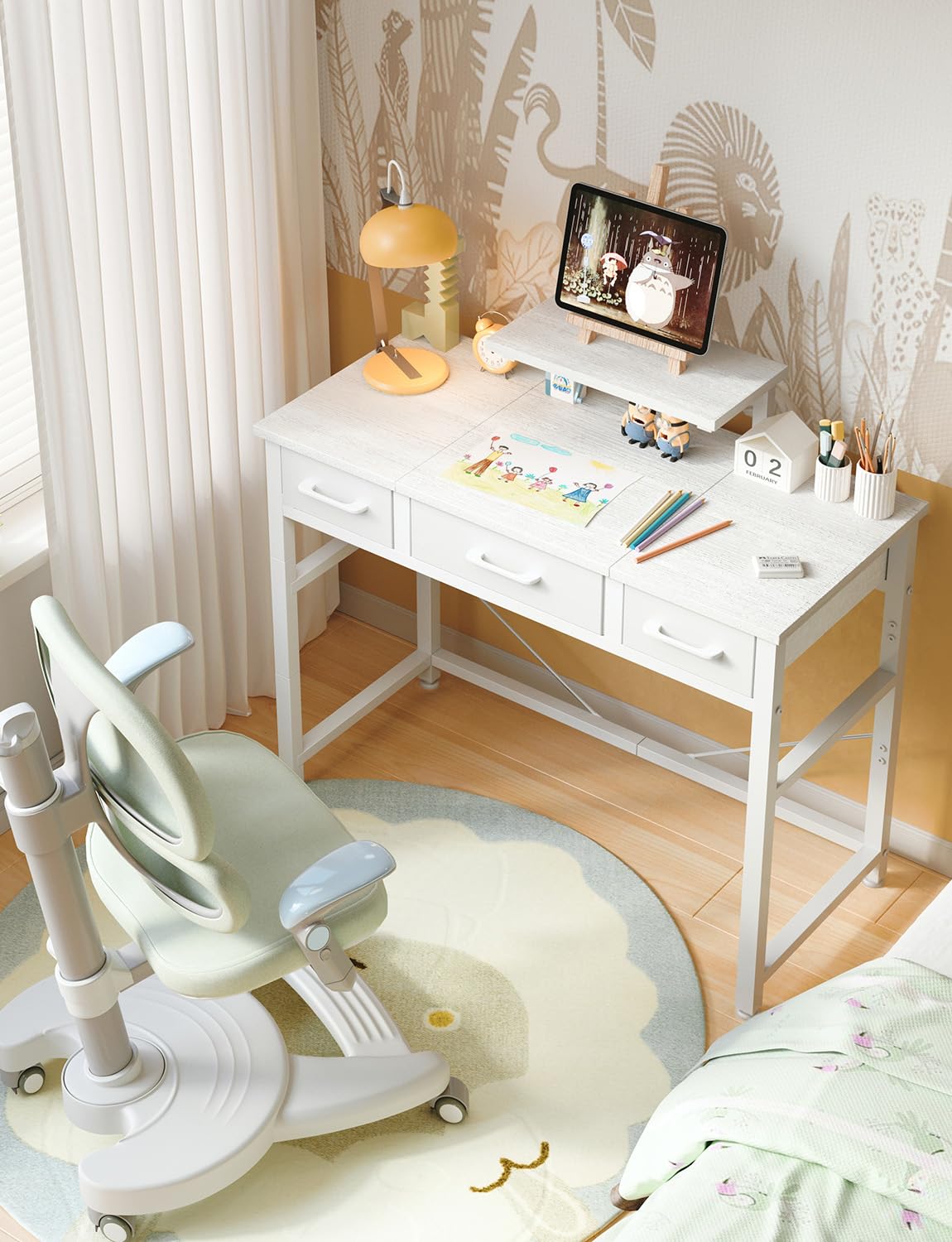 KitMent Small Desk with 3 Fabric Drawers, Small Computer Desk with Adjustable Monitor Stand and Hook, 76x36cm Table for Makeup Vanity