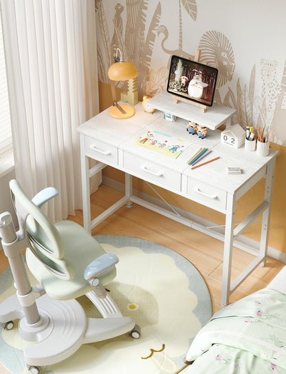 KitMent Small Desk with 3 Fabric Drawers, Small Computer Desk with Adjustable Monitor Stand and Hook, 76x36cm Table for Makeup Vanity
