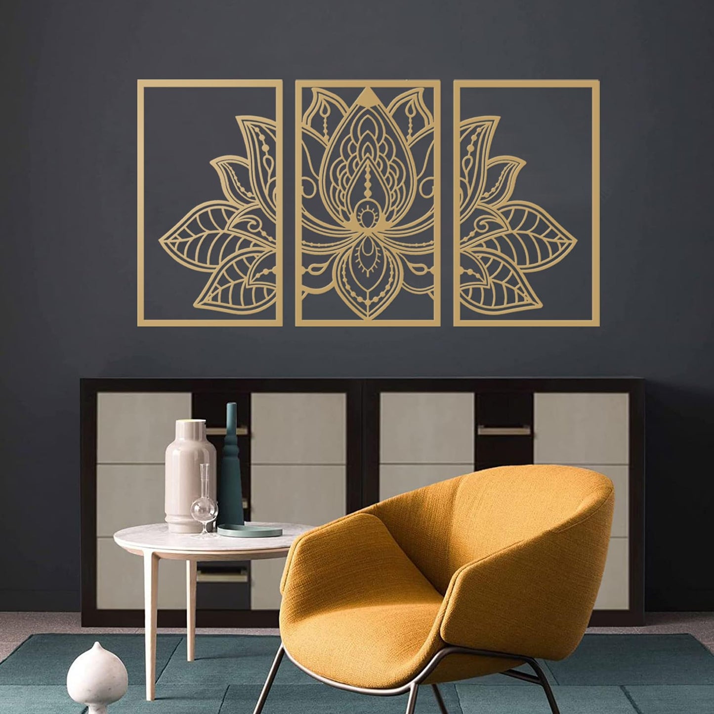 ESTART Large Lotus Flower Metal Wall Art 3-piece Set, Religion Faith Mandala Home Wall Decoration for Living Room, Bedroom, Office and Yoga Room